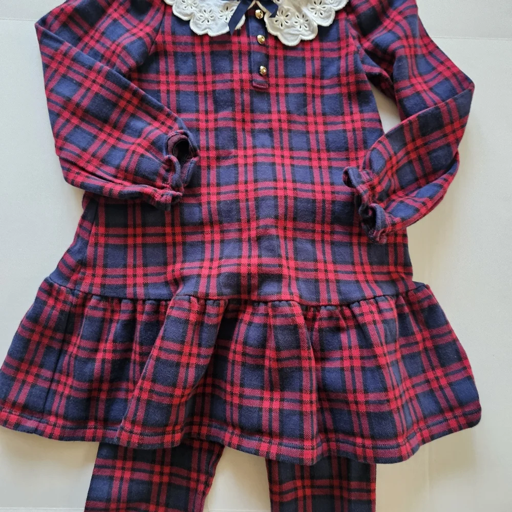 Janie and Jack 2in1 Tartan Plaid Drop Waist Eyelet Dress +Matching Leggings Sz 5